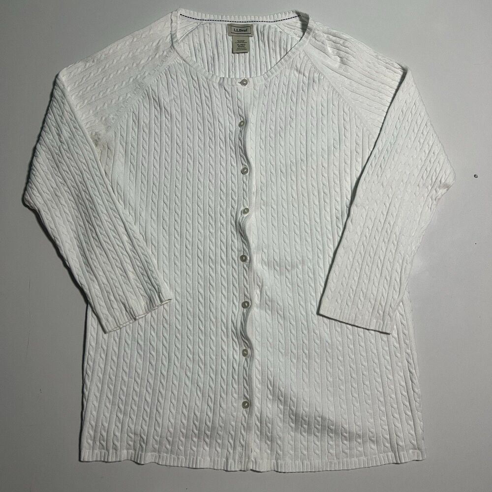 L.L.Bean women’s XL White Cable Knit Cotton Button-Front Cardigan Sweater